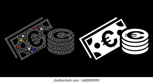 Glowing mesh Euro cash icon with glitter effect. Abstract illuminated model of Euro cash. Shiny wire carcass polygonal network Euro cash icon. Vector abstraction on a black background.