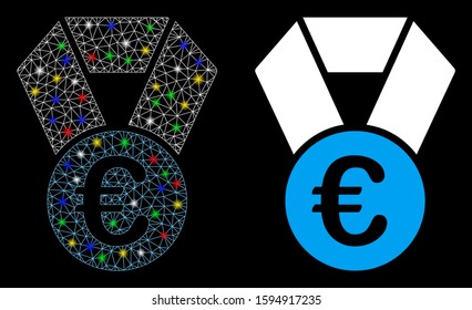 Glowing mesh Euro champion medal icon with lightspot effect. Abstract illuminated model of Euro champion medal. Shiny wire carcass triangular mesh Euro champion medal icon.