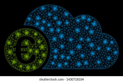 Glowing mesh euro cloud with glare effect. Abstract illuminated model of euro cloud icon. Shiny wire frame polygonal mesh euro cloud. Vector abstraction on a black background.