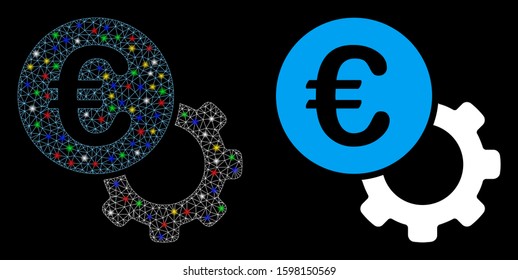 Glowing mesh Euro configure icon with glow effect. Abstract illuminated model of Euro configure. Shiny wire carcass polygonal mesh Euro configure icon. Vector abstraction on a black background.