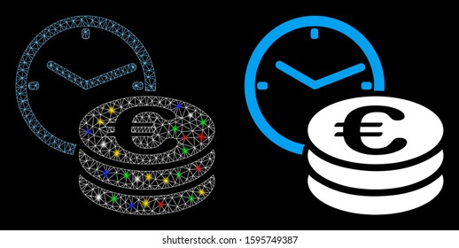 Glowing mesh Euro credit icon with glow effect. Abstract illuminated model of Euro credit. Shiny wire frame triangular mesh Euro credit icon. Vector abstraction on a black background.