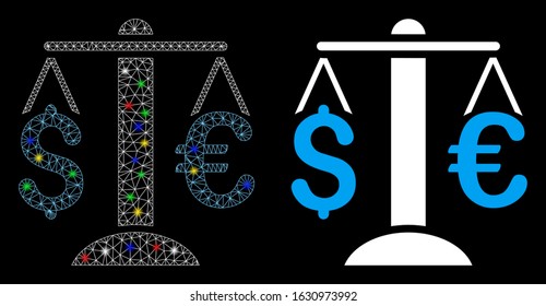 Glowing mesh Euro Dollar balance icon with glare effect. Abstract illuminated model of Euro Dollar balance. Shiny wire carcass triangular mesh Euro Dollar balance icon.
