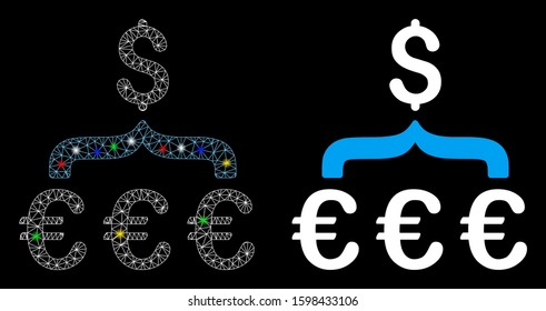 Glowing mesh Euro Dollar conversion aggregator icon with lightspot effect. Abstract illuminated model of Euro Dollar conversion aggregator.