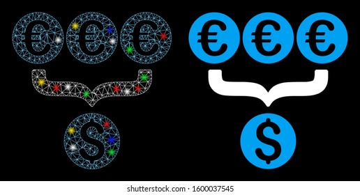 Glowing mesh Euro Dollar conversion aggregator icon with glare effect. Abstract illuminated model of Euro Dollar conversion aggregator.