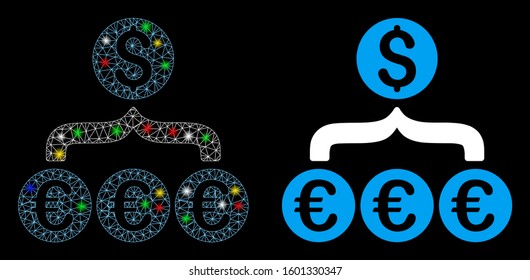 Glowing mesh Euro Dollar conversion aggregator icon with glow effect. Abstract illuminated model of Euro Dollar conversion aggregator.