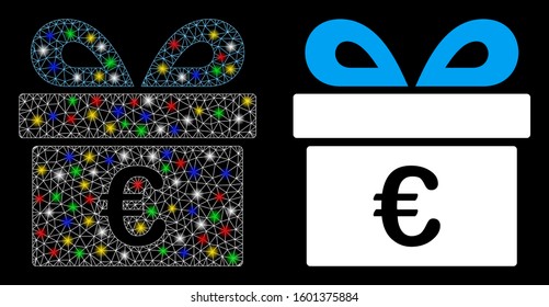 Glowing mesh Euro gift icon with glitter effect. Abstract illuminated model of Euro gift. Shiny wire frame polygonal mesh Euro gift icon. Vector abstraction on a black background.