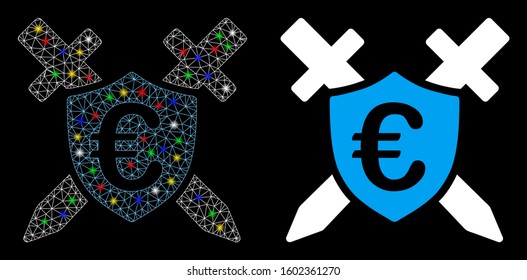 Glowing mesh Euro guard shield icon with glow effect. Abstract illuminated model of Euro guard shield. Shiny wire frame triangular mesh Euro guard shield icon.