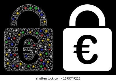 Glowing mesh Euro lock icon with lightspot effect. Abstract illuminated model of Euro lock. Shiny wire carcass polygonal mesh Euro lock icon. Vector abstraction on a black background.