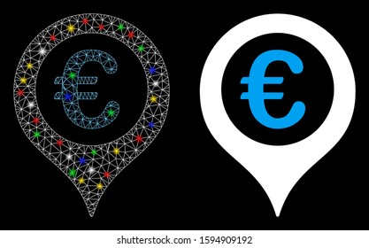 Glowing mesh Euro map marker icon with glare effect. Abstract illuminated model of Euro map marker. Shiny wire frame polygonal mesh Euro map marker icon. Vector abstraction on a black background.