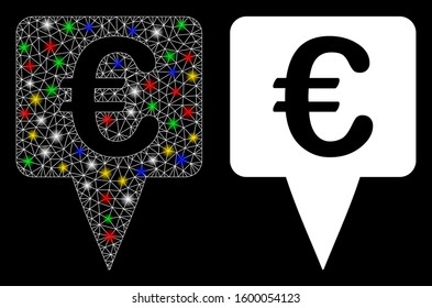Glowing mesh Euro map pointer icon with lightspot effect. Abstract illuminated model of Euro map pointer. Shiny wire carcass polygonal mesh Euro map pointer icon.