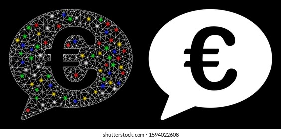 Glowing mesh Euro message balloon icon with lightspot effect. Abstract illuminated model of Euro message balloon. Shiny wire carcass polygonal mesh Euro message balloon icon.