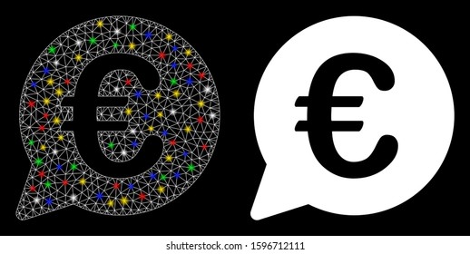 Glowing mesh Euro message bubble icon with glare effect. Abstract illuminated model of Euro message bubble. Shiny wire frame triangular mesh Euro message bubble icon.