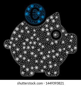 Glowing mesh Euro piggy bank with glare effect. Abstract illuminated model of Euro piggy bank icon. Shiny wire carcass polygonal network Euro piggy bank. Vector abstraction on a black background.
