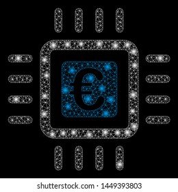 Glowing mesh Euro processor with glare effect. Abstract illuminated model of Euro processor icon. Shiny wire carcass polygonal network Euro processor. Vector abstraction on a black background.