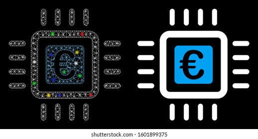 Glowing mesh Euro processor icon with glow effect. Abstract illuminated model of Euro processor. Shiny wire frame polygonal mesh Euro processor icon. Vector abstraction on a black background.