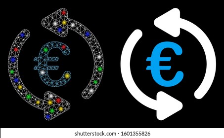 Glowing mesh Euro repeat arrows icon with glitter effect. Abstract illuminated model of Euro repeat arrows. Shiny wire frame polygonal mesh Euro repeat arrows icon.