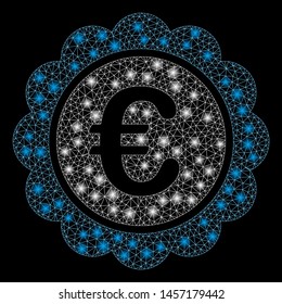 Glowing mesh Euro reward seal with glitter effect. Abstract illuminated model of Euro reward seal icon. Shiny wire frame polygonal network Euro reward seal. Vector abstraction on a black background.