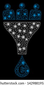 Glowing mesh Euro sales funnel with glow effect. Abstract illuminated model of Euro sales funnel icon. Shiny wire frame polygonal network Euro sales funnel. Vector abstraction on a black background.