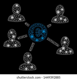 Glowing mesh Euro social links with glitter effect. Abstract illuminated model of Euro social links icon. Shiny wire frame triangular mesh Euro social links. Vector abstraction on a black background.