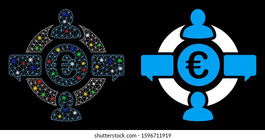 Glowing mesh Euro social network icon with glare effect. Abstract illuminated model of Euro social network. Shiny wire frame triangular mesh Euro social network icon.