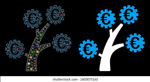 Glowing mesh Euro technology tree icon with glare effect. Abstract illuminated model of Euro technology tree. Shiny wire frame polygonal mesh Euro technology tree icon.