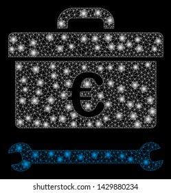 Glowing mesh Euro toolbox with sparkle effect. Abstract illuminated model of Euro toolbox icon. Shiny wire carcass polygonal mesh Euro toolbox. Vector abstraction on a black background.