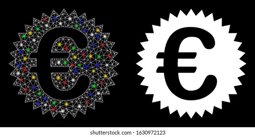 Glowing mesh Euro warranty stamp icon with glow effect. Abstract illuminated model of Euro warranty stamp. Shiny wire frame polygonal mesh Euro warranty stamp icon.