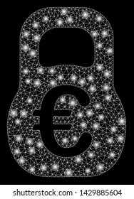 Glowing mesh Euro weight with glitter effect. Abstract illuminated model of Euro weight icon. Shiny wire frame polygonal mesh Euro weight. Vector abstraction on a black background.