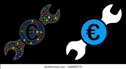 Glowing mesh Euro wrench icon with lightspot effect. Abstract illuminated model of Euro wrench. Shiny wire frame triangular mesh Euro wrench icon. Vector abstraction on a black background.