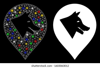 Glowing mesh evil dog marker icon with glow effect. Abstract illuminated model of evil dog marker.  Vector abstraction on a black background.