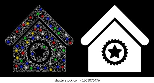 Glowing mesh excellent building icon with glare effect. Abstract illuminated model of excellent building. Shiny wire carcass polygonal mesh excellent building icon.