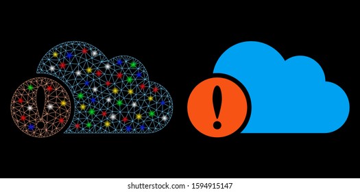 Glowing mesh exclamation icon with glitter effect. Abstract illuminated model of exclamation. Shiny wire frame triangular mesh exclamation icon. Vector abstraction on a black background.