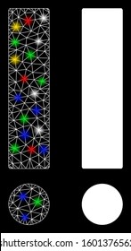 Glowing mesh exclamation sign icon with glare effect. Abstract illuminated model of exclamation sign. Shiny wire frame polygonal network exclamation sign icon.