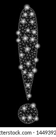 Glowing mesh exclamation sign with sparkle effect. Abstract illuminated model of exclamation sign icon. Shiny wire frame polygonal mesh exclamation sign. Vector abstraction on a black background.