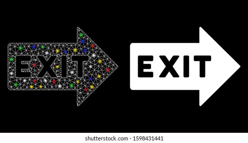 Glowing mesh exit arrow icon with glare effect. Abstract illuminated model of exit arrow. Shiny wire carcass triangular mesh exit arrow icon. Vector abstraction on a black background.