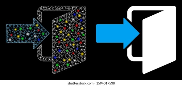 Glowing mesh exit door icon with lightspot effect. Abstract illuminated model of exit door. Shiny wire frame polygonal network exit door icon. Vector abstraction on a black background.