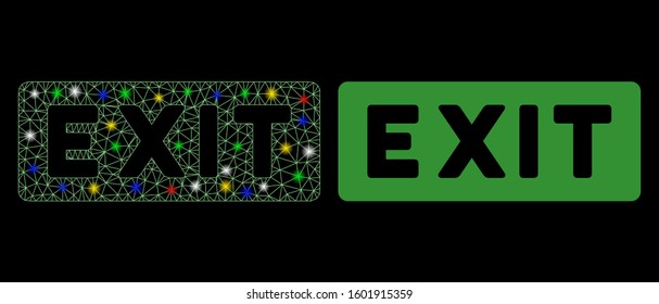 Glowing mesh exit label icon with glitter effect. Abstract illuminated model of exit label. Shiny wire frame triangular mesh exit label icon. Vector abstraction on a black background.