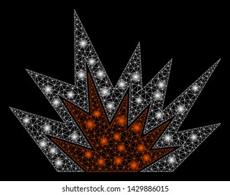 Glowing mesh explosion boom with lightspot effect. Abstract illuminated model of explosion boom icon. Shiny wire frame triangular mesh explosion boom. Vector abstraction on a black background.