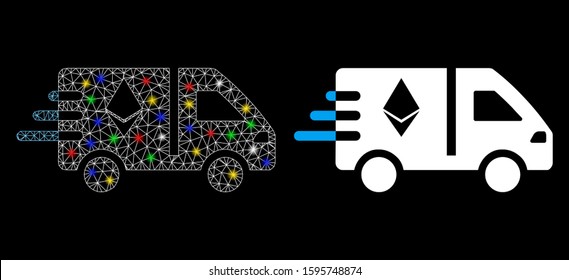 Glowing mesh express Ethereum delivery car icon with glare effect. Abstract illuminated model of express Ethereum delivery car. Shiny wire frame triangular mesh express Ethereum delivery car icon.