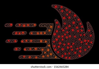 Glowing mesh express fire with glitter effect. Abstract illuminated model of express fire icon. Shiny wire carcass triangular mesh express fire. Vector abstraction on a black background.