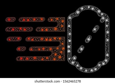 Glowing mesh express ticket with glitter effect. Abstract illuminated model of express ticket icon. Shiny wire frame triangular mesh express ticket. Vector abstraction on a black background.