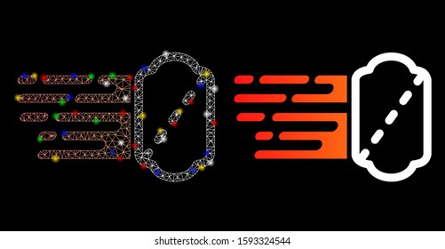 Glowing mesh express ticket icon with lightspot effect. Abstract illuminated model of express ticket. Shiny wire carcass triangular mesh express ticket icon. Vector abstraction on a black background.