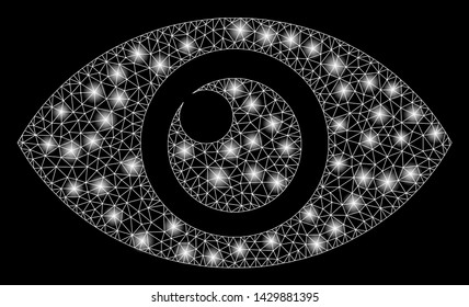 Glowing mesh eye with glare effect. Abstract illuminated model of eye icon. Shiny wire frame triangular mesh eye. Vector abstraction on a black background.
