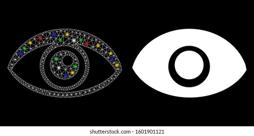 Glowing mesh eye icon with sparkle effect. Abstract illuminated model of eye. Shiny wire carcass polygonal mesh eye icon. Vector abstraction on a black background.
