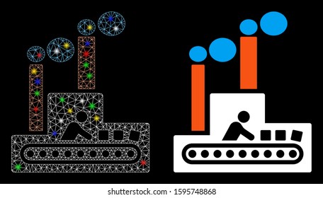 Glowing mesh fabric building icon with sparkle effect. Abstract illuminated model of fabric building. Shiny wire frame polygonal mesh fabric building icon. Vector abstraction on a black background.