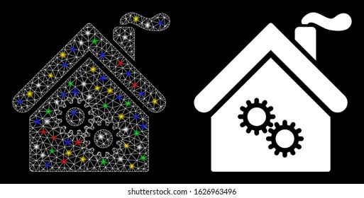 Glowing mesh factory building icon with sparkle effect. Abstract illuminated model of factory building. Shiny wire frame polygonal mesh factory building icon. Vector abstraction on a black background.