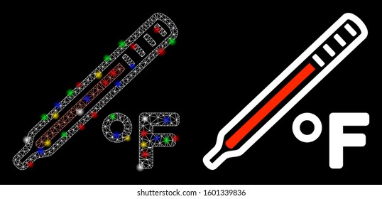 Glowing mesh fahrenheit medical thermometer icon with glow effect. Abstract illuminated model of fahrenheit medical thermometer. Shiny wire carcass triangular mesh fahrenheit medical thermometer icon.