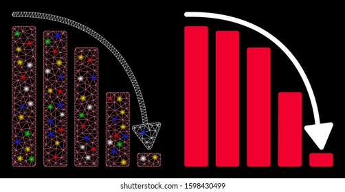 Glowing mesh falling acceleration chart icon with sparkle effect. Abstract illuminated model of falling acceleration chart. Shiny wire carcass triangular network falling acceleration chart icon.