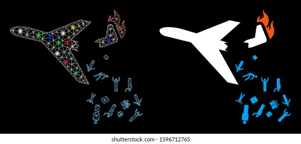 Glowing mesh falling passengers from airplane icon with sparkle effect. Abstract illuminated model of falling passengers from airplane.