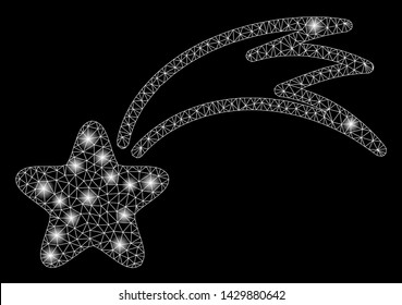 Glowing mesh falling star with glare effect. Abstract illuminated model of falling star icon. Shiny wire frame polygonal mesh falling star. Vector abstraction on a black background.